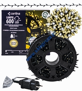 Sznur 30m 600 LED NA SZPULI FLASH TIMER zewnętrzne, biały ciepły+biały zimny 50/21/FLE-TIM/WW+CW-SZPULA