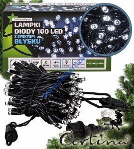 Diody LED 100 pkt. z efektem błysku z dodatkowym gniazdem, białe zimne+błysk biały zimny, zewnętrzne LED100/G/5M/P