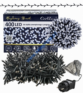Sznur 20m 400 LED PROGRAMATOR 8 FUNKCJI + PAMIĘĆ, zewnętrzne, biały zimny 616/21/LED/CW