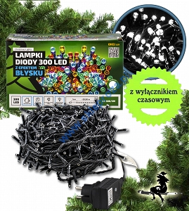 Diody LED 300 pkt. z efektem błysku z TIMEREM, biały zimny + błysk biały zimny , zewnętrzne, LT-300/5M/P