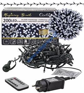 Sznur 10m 200 LED PROGRAMATOR + PAMIĘĆ + PILOT + TIMER + GNIAZDO zewnętrzne, biały zimny 660/21/LED/CW