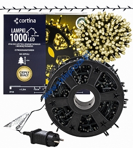 Sznur 50m 1000 LED na SZPULI PROGRAMATOR 8 FUNKCJI + PAMIĘĆ, zewnętrzne, biały ciepły 638/21/LED/WW-SZPULA