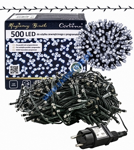 Sznur 25m 500 LED PROGRAMATOR 8 FUNKCJI + PAMIĘĆ, zewnętrzne, biały zimny 620/21/LED/CW