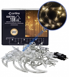 Kurtyna 275 cm 12 FIGUREK GWIAZDY I  KSIĘŻYCE 138 LED PROGRAMATOR, zewnętrzne, biały ciepły 3/25/LED/WW