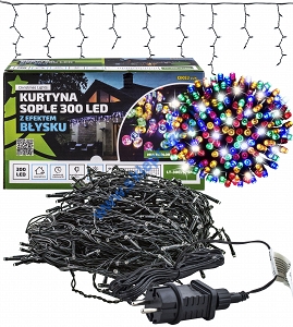  Kurtyna LED 300 pkt. z efektem błysku z TIMEREM, multi + błysk biały zimny, zewnętrzna LT-300/S/5M/M