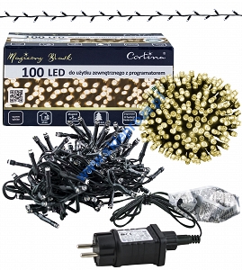 Sznur 5m 100 LED PROGRAMATOR 8 FUNKCJI zewnętrzne, biały ciepły 600/21/LED/WW