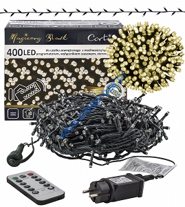 Sznur 20m 400 LED PROGRAMATOR + PILOT + TIMER + GNIAZDO zewnętrzne, biały ciepły 644/21/LED/WW