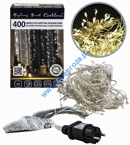 Kurtyna LED 400 pkt. 135x190cm z programatorem, na druciku, zewnętrzna, biały ciepły 77/19/NIK/WW
