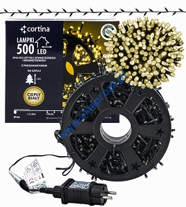 Sznur 25m 500 LED na SZPULI, PROGRAMATOR 8 FUNKCJI + PAMIĘĆ, zewnętrzne, biały ciepły 620/21/LED/WW-SZPULA