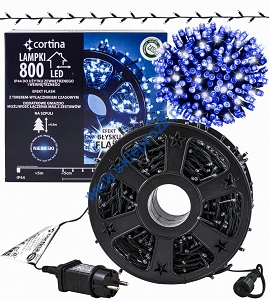 Sznur 40m 800 LED NA SZPULI FLASH + TIMER + GNIAZDO zewnętrzne, niebieski+biały zimny flash 51/21/FLE-TIM/B+CW-SZPULA