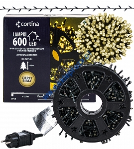 Sznur 30m 600 LED NA SZPULI PROGRAMATOR 8 FUNKCJI zewnętrzne, biały ciepły 626/21/LED/WW-SZPULA