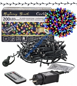 Sznur 10m 200 LED PROGRAMATOR + PAMIĘĆ + PILOT + TIMER + GNIAZDO zewnętrzne, multi 660/21/LED/M