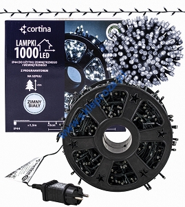 Sznur 50m 1000 LED na SZPULI PROGRAMATOR 8 FUNKCJI + PAMIĘĆ, zewnętrzne, biały zimny 638/21/LED/CW-SZPULA