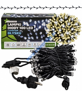 Diody LED 100 pkt. z efektem błysku z dodatkowym gniazdem, biały ciepły+błysk biały zimny, zewnętrzne LED100/G/5M/X