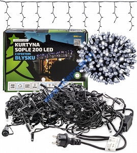 Kurtyna LED 200 pkt. z efektem błysku z dodatkowym gniazdem, biały zimny+błysk biały zimny, zewnętrzna LED200/G/S/5M/P
